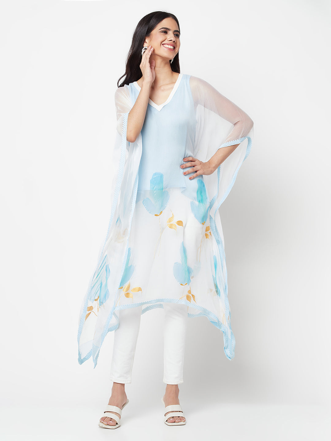 Hand Painted Blue Chiffon Kaftan