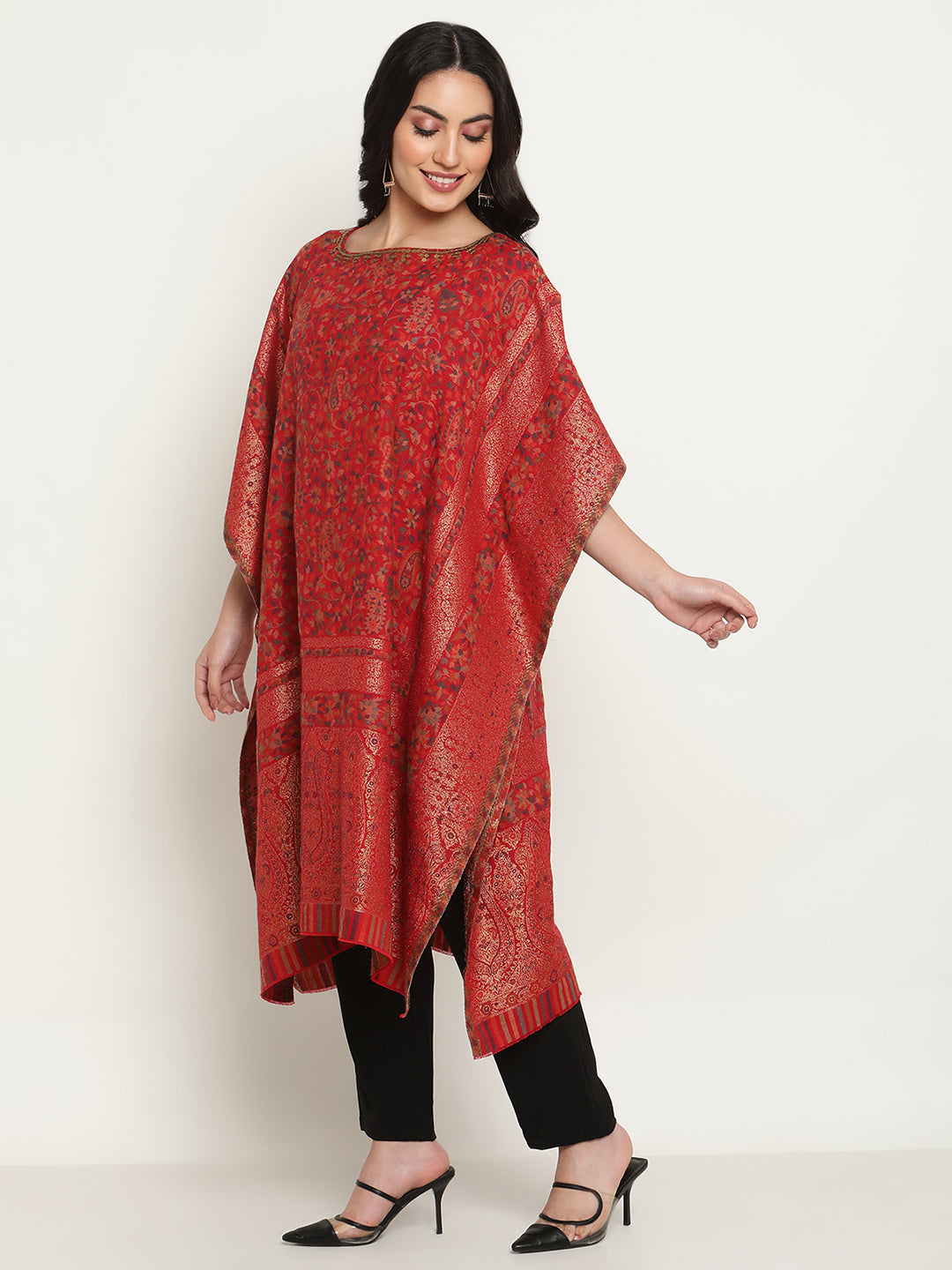 Red Woven Kaftan Shawl Dress