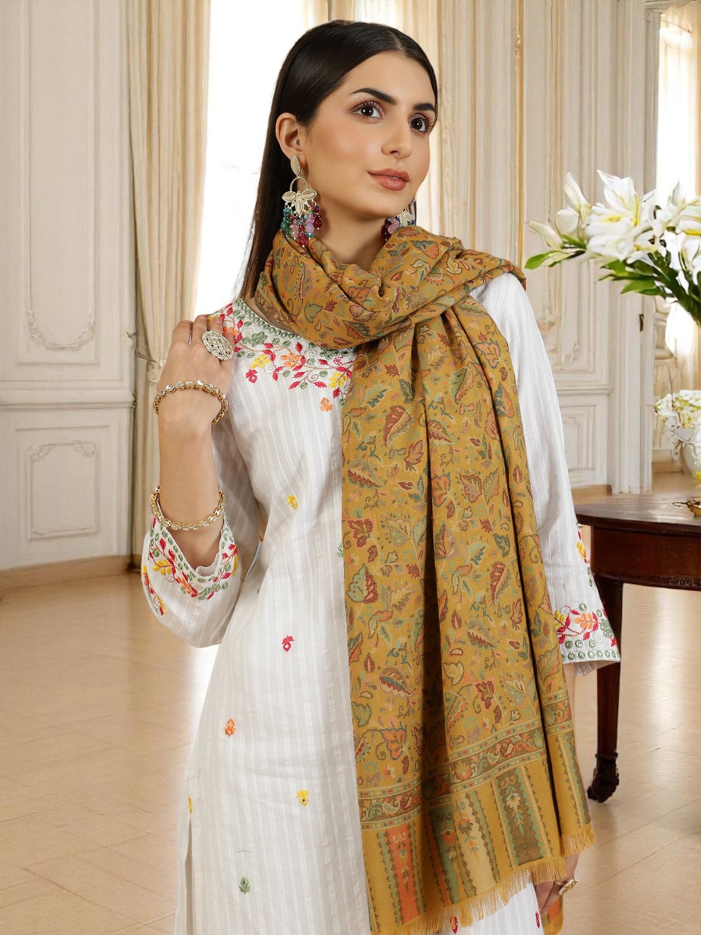 Kani Woven Stole - Mustard