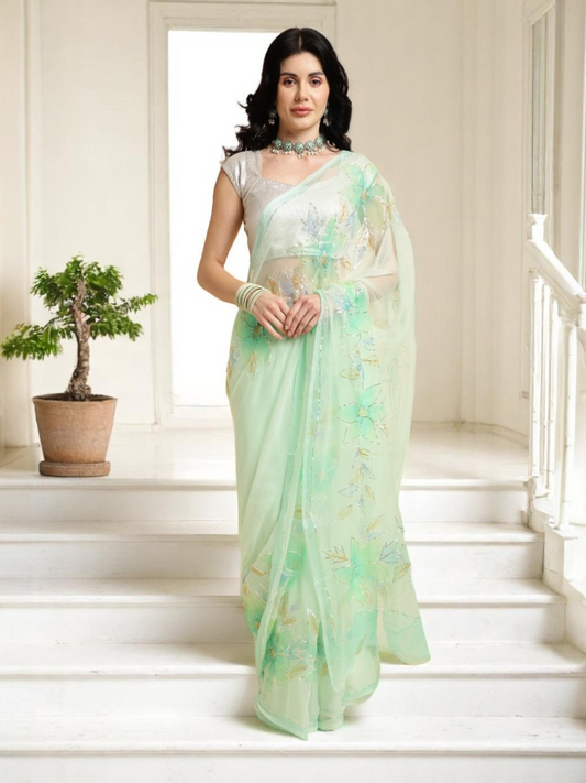 Hand Brush Saree with Gota Artwork