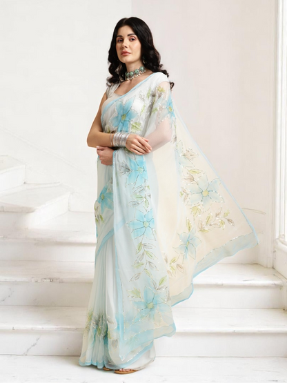 Hand Brush Saree with Gota Artwork