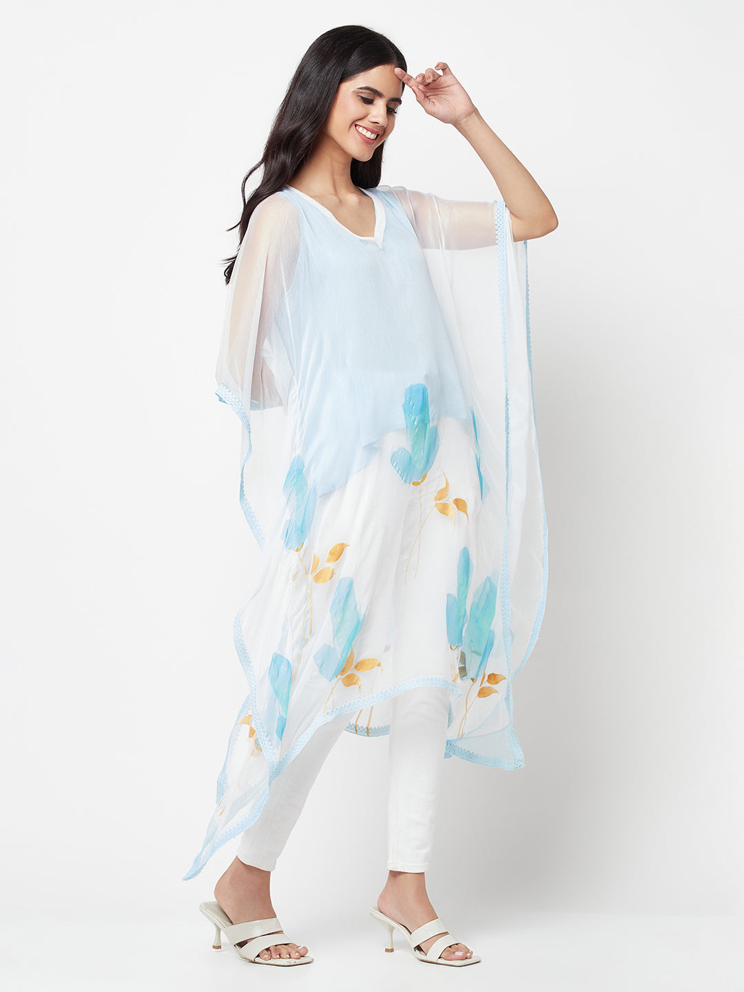 Hand Painted Blue Chiffon Kaftan