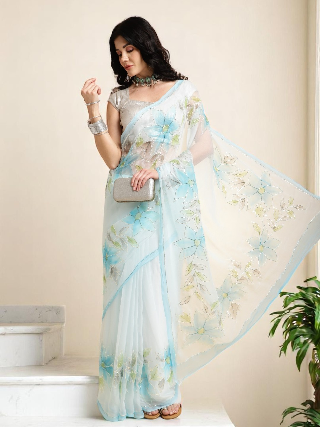 Hand Brush Saree with Gota Artwork