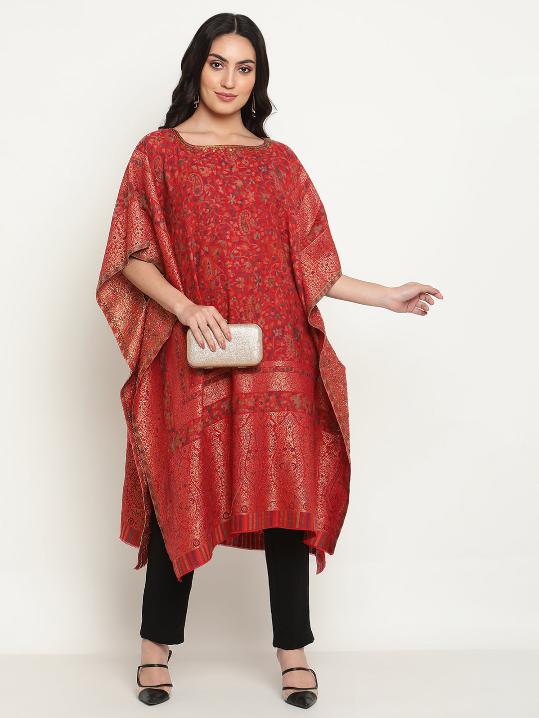 Red Woven Kaftan Shawl Dress