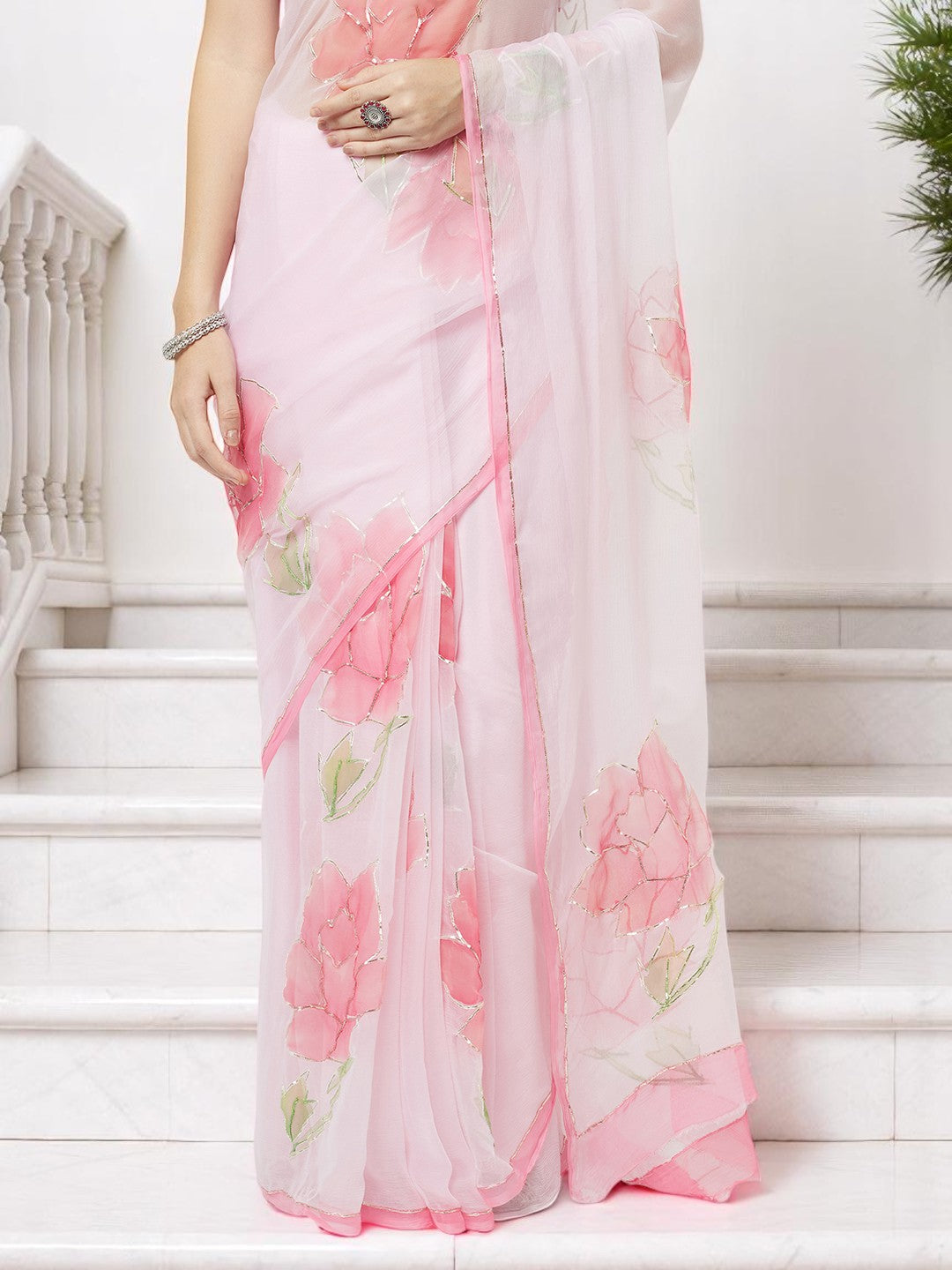 Hand Brush Saree with Gota Artwork