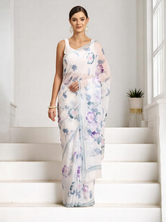 Chiffon Hand-Painted Mukaish Saree